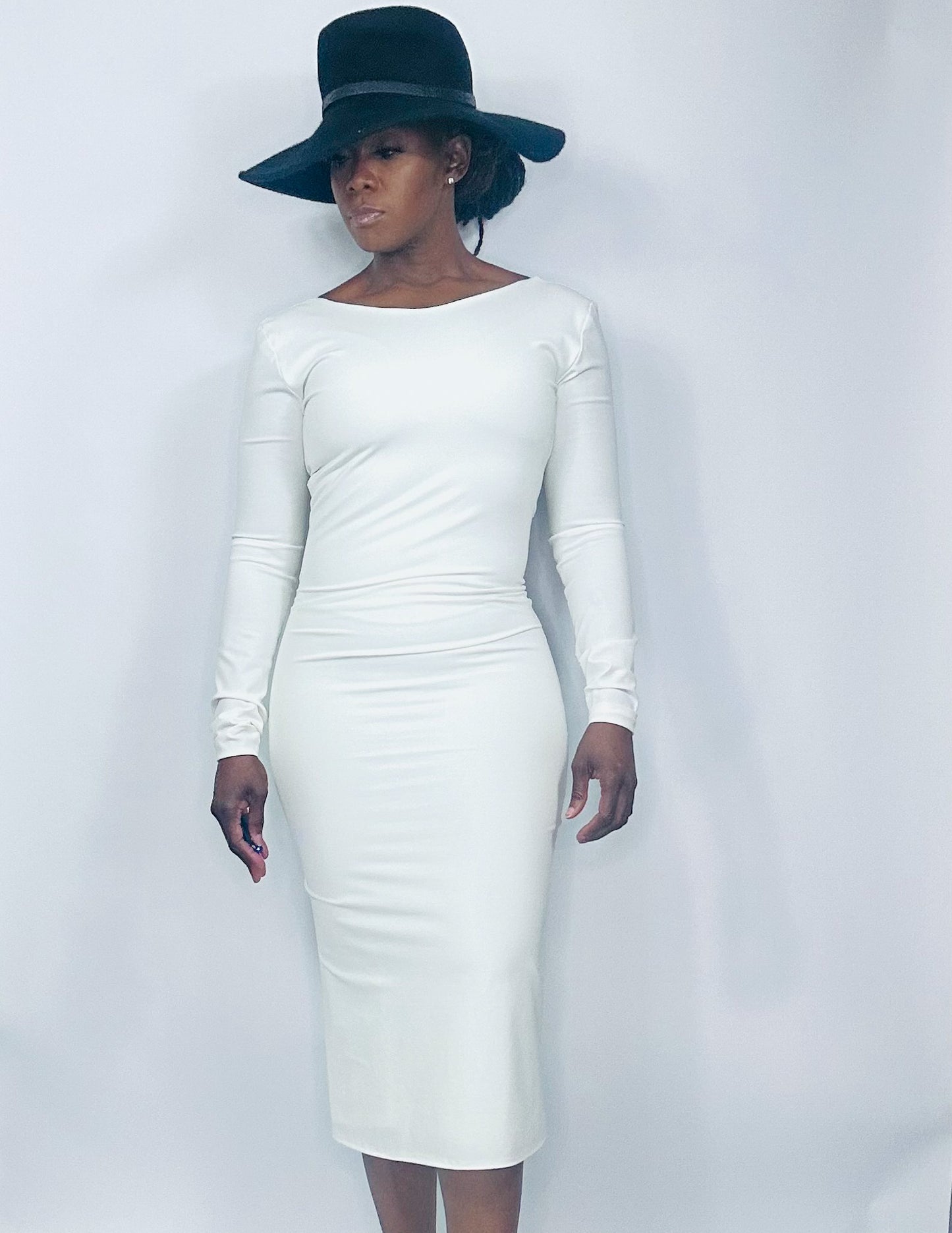 White Boat Neck LBD Midi-Dress