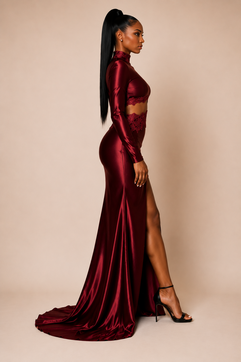 BORDEAUX IN LACE COUTURE GOWN
