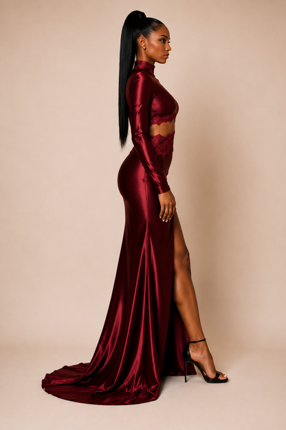 BORDEAUX IN LACE COUTURE GOWN