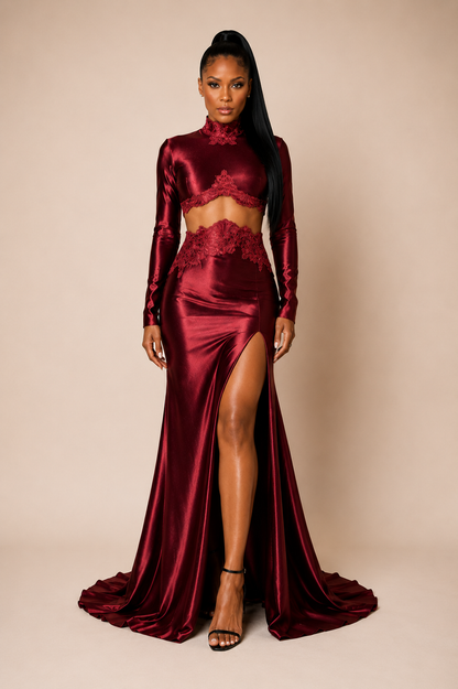 BORDEAUX IN LACE COUTURE GOWN